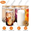 6Pcs Mason Jar Cups with Lid 16OZ Reusable Glass Beer Can with Bamboo Lids Glass Straws Cleaning Brush for Iced Coffee Smoothie Tea